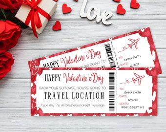 May include: Two red and white printable Valentine's Day tickets with a heart pattern. The tickets say "Happy Valentine's Day" and "Pack your suitcase, you're going to TRAVEL LOCATION".