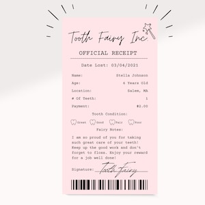 Certificado para impressão de recibo de fada do dente editável rosa | Primeiro dente perdido | Carta realista de fada do dente | Carta de fada do dente para crianças |