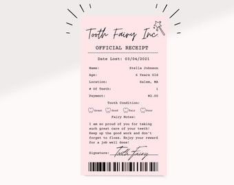 Pink Editable Tooth Fairy Receipt Printable Certificate | First Tooth Lost | Realistic Tooth Fairy Letter | Kids Tooth Fairy Letter |