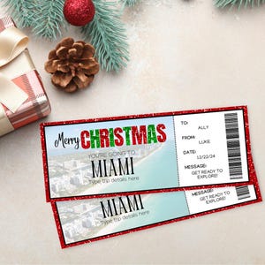 Billet de voyage Noël à Miami | Billet cadeau Miami | Faux billet d'avion personnalisé | Carte d'embarquement pour Miami | révélation d'un voyage surprise à Miami |