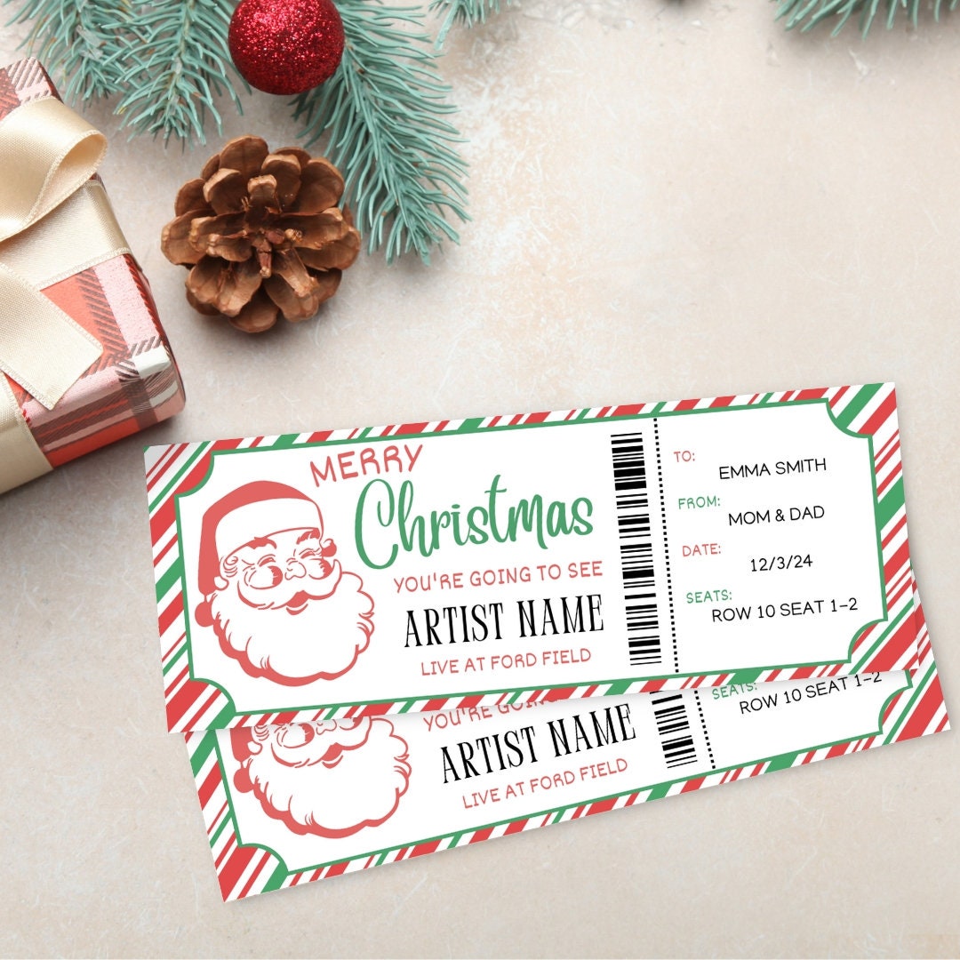Santa Printable Christmas Ticket | Downloadable Concert Ticket Template | Gift Voucher Certificate | Surprise Concert Ticket Souvenir Gift |