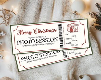 Photo Session Ticket | Christmas Printable Photography Gift Voucher | Experience Gift Coupon | Digital Download | Editable Template