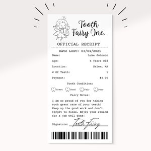 Certificat imprimable de reçu de fée des dents modifiable de fée mignonne | Première dent perdue | Lettre de fée des dents réaliste | Lettre de la fée des dents pour enfants |