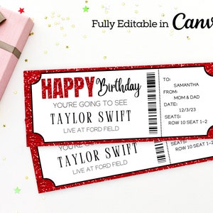 Red Glitter Birthday Gift Concert Ticket Template | Printable Gift Voucher Certificate Ticket Coupon | Surprise Concert or Show |