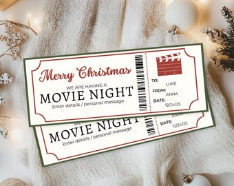 Movie Night Ticket | Christmas Printable Coupon | Date Night Gift Certificate | Experience Voucher | Digital Download | Editable Template
