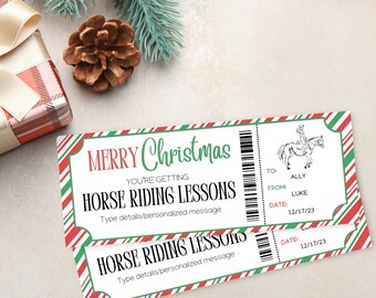 May include: Two printable Christmas gift certificate tickets with a red and green striped background. The text reads "Merry Christmas, You're getting Horse Riding Lessons". The tickets have a space to write in the recipient's name, the giver's name, and the date.