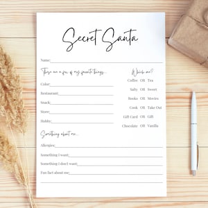 Minimalist Secret Santa Questionnaire | Simple Printable Secret Santa Gift Exchange | Office Secret Santa | Christmas Secret Santa |