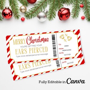 Vale-presente surpresa para piercing de orelha de Natal | Vale-presente para presente de Natal para piercing de orelha para impressão | Vale-presente de Natal editável |