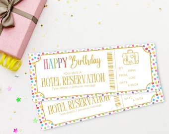 Surprise Hotel Reservation Voucher | Birthday Hotel Reservation Gift Ticket | Colorful Hotel Reservation Gift Card | Birthday Getaway Gift |