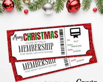 May include: Red and green Christmas gift certificate with the text "Merry Christmas You're Getting a Membership" and "Enter details / personal message". The certificate is fully editable in Canva.