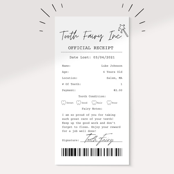 Editable Tooth Fairy Receipt Printable Certificate | First Tooth Lost | Realistic Tooth Fairy Letter | Kids Tooth Fairy Letter | Lost Tooth