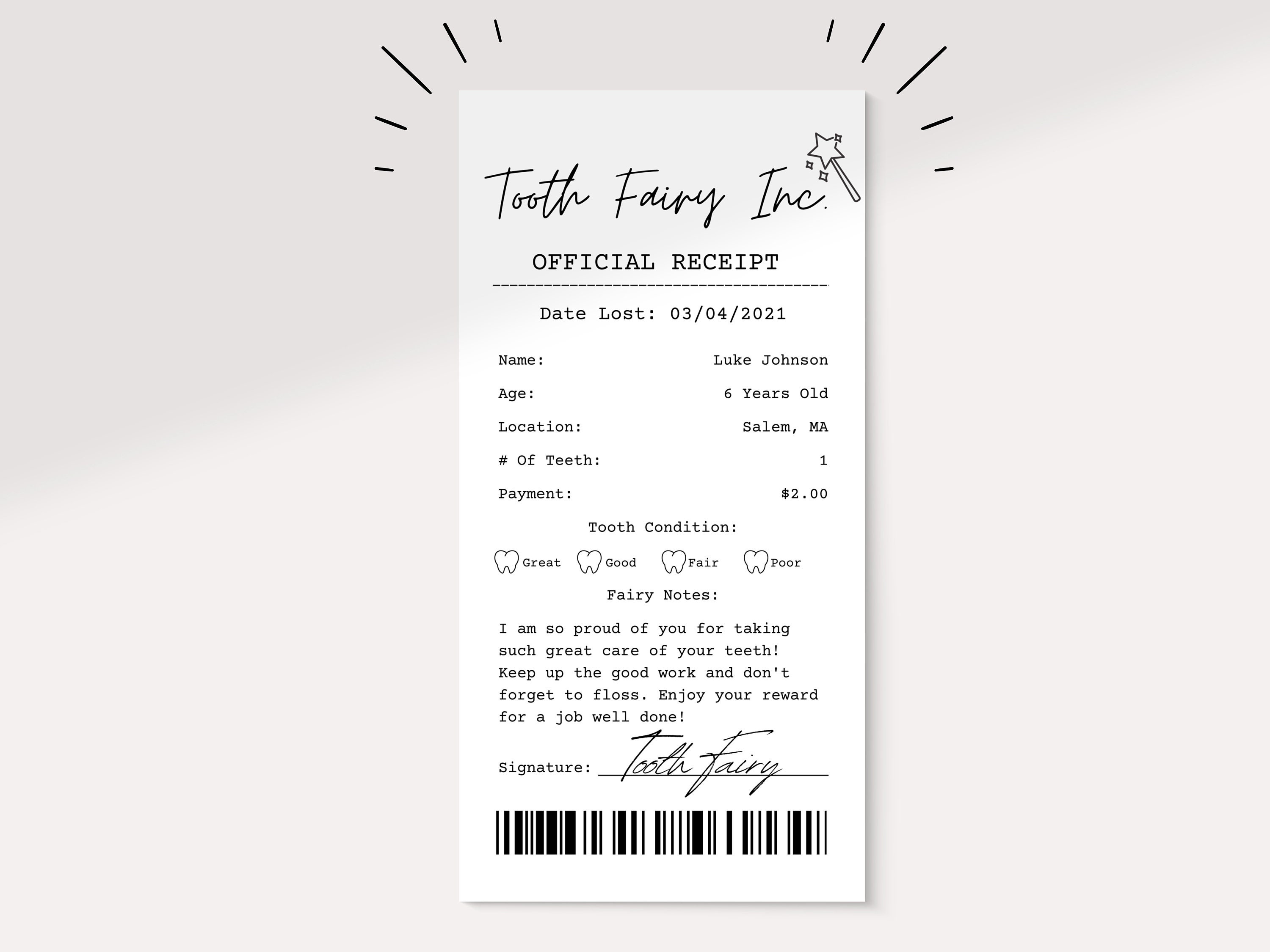 Editable Tooth Fairy Receipt Printable Certificate | First Tooth Lost | Realistic Tooth Fairy Letter | Kids Tooth Fairy Letter | Lost Tooth