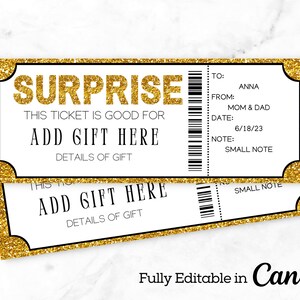 Op de afbeelding: Een printbaar ticket van gouden glitter met de tekst "SURPRISE" en "ADD GIFT HERE". Het ticket heeft velden voor "Aan", "Van", "Datum" en "Notitie".