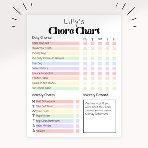 Rainbow Chore Chart for Kids | Kids Chores | Kids Chore Chart | Responsibility Chart| Chore Chart Printable| Editable PDF | Instant Download