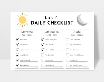 Horizontal Kids Daily School Schedule Checklist | Daily Routine Responsibility Chart | Homeschool Planner To Do List | Minimalist Kids List