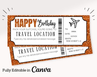 May include: A printable birthday ticket with a gold glitter background. The ticket says "Happy Birthday" and "Pack your suitcase, you're going to [Travel Location]" with space to add a personalized message. The ticket also has a plane icon, a "To:" field, a "Date:" field, and a "Seats:" field.