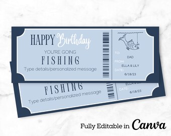 Könnte beinhalten: Ein blaues und weißes druckbares Geburtstagsticket mit dem Text "Happy Birthday You're Going Fishing" und einem Cartoon-Fisch mit einem Angelhaken. Das Ticket bietet Platz zum Ausfüllen des Namens des Empfängers, des Datums und einer persönlichen Nachricht. Der Text "Vollständig editierbar in Canva" befindet sich am unteren Rand des Tickets.
