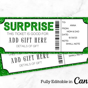 Green Glitter Surprise Gift Ticket | Surprise Concert Ticket | Printable Experience Ticket | Editable Ticket Gift | Ticket Template |