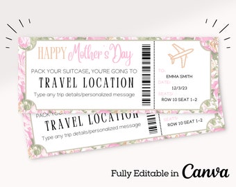 May include: Printable Mother's Day gift certificate ticket with a floral design. The ticket says "Happy Mother's Day" and "Pack your suitcase, you're going to..." with a space to fill in a travel location. The ticket also has a space to fill in the recipient's name, date, and seat number.