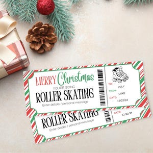 May include: Two red and green striped printable Christmas gift tags with the text "Merry Christmas You're Going Roller Skating" and "Roller Skating" with a space for details and a personal message. The tags also have a barcode, a space for "To", "From", and "Date", and a black and white illustration of roller skates.