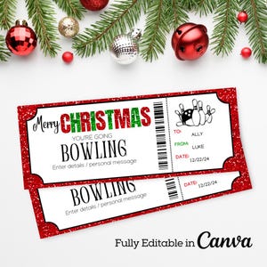Bowling Weihnachtskarte Vorlage | Bearbeitbarer Bowling-Geschenkgutschein | Ausdruckbare Bowling-Lektionen-Zertifikat | Bowling-Spiel-Geschenk-Karte |