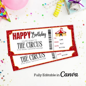Circus Birthday Gift Ticket Template | Circus Printable Pass | Editable Birthday Gift Ticket | Circus Voucher | Instant Download Printable |