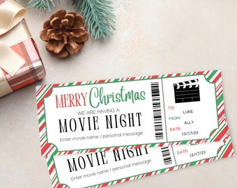 Christmas Movie Night Gift Coupon | Cinema Ticket Template | Christmas Movie Night Invitation | Personalized Movie Ticket | Printable Ticket