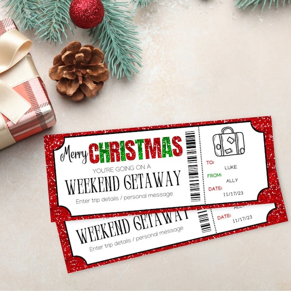 Christmas Weekend Getaway Gift Voucher | Surprise Weekend Away Ticket | Christmas Trip Travel Voucher | Printable Trip Away Gift Certificate