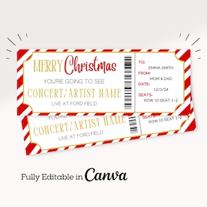 Plantilla de boletos para conciertos navideños dorados / Plantilla de boletos para eventos editable en Canva / Regalo de boletos para conciertos personalizados / Boletos para conciertos navideños imprimibles /