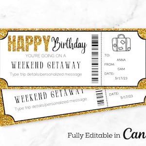Weekend Getaway Voucher | Birthday Weekend Away Template Gift Certificate Ticket Card | Printable Birthday Trip Ticket | Getaway Hotel Stay