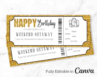 Weekend Getaway Voucher | Birthday Weekend Away Template Gift Certificate Ticket Card | Printable Birthday Trip Ticket | Getaway Hotel Stay