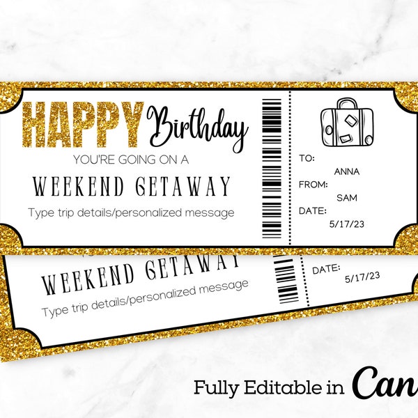 Weekend Getaway Voucher | Birthday Weekend Away Template Gift Certificate Ticket Card | Printable Birthday Trip Ticket | Getaway Hotel Stay