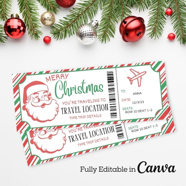 Plantilla de tarjeta de embarque editable de Navidad / Boleto de avión de Navidad imprimible / Plantilla Canva de boleto de avión de Navidad / Vale de viaje sorpresa