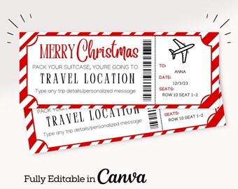 May include: A printable Christmas travel ticket with red and white candy cane stripes. The ticket says "Merry Christmas" and "Pack your suitcase, you're going to [Travel Location]" with a space to type in a personalized message. The ticket also includes a plane icon, "To: Anna", "Date: 12/3/23", and "Seats: Row 10 Seat 1-2".