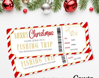 May include: Red and white striped Christmas gift certificate with gold text that reads "Merry Christmas You're Going on a Fishing Trip". The certificate has a barcode and a space for personalization. The text "Fully Editable in Canva" is at the bottom of the image.