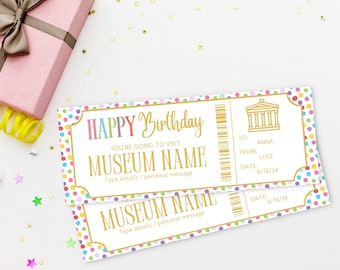 Może przedstawiać: Drukowany bilet urodzinowy z kolorowym wzorem w kropki i złotym tekstem. Bilet zawiera napis "Happy Birthday" i "You're going to visit [Museum Name]" z miejscem na dodanie szczegółów i osobistej wiadomości. Bilet zawiera również kod kreskowy i małą ilustrację budynku.
