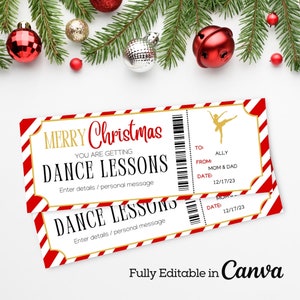 May include: A printable Christmas gift certificate for dance lessons. The certificate is designed to look like a ticket with red and white stripes and gold accents. The text on the certificate reads "Merry Christmas You Are Getting Dance Lessons Enter details / personal message".