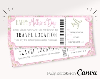 Mother's Day Editable Boarding Pass Template | Airline Ticket Canva | Printable Airplane Tickets | Custom Boarding Pass Canva Template |
