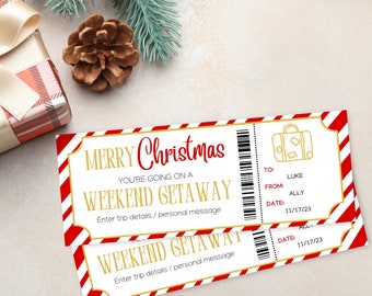 May include: Red and white striped Christmas gift certificate with gold text that reads "Merry Christmas You're Going on a Weekend Getaway". The certificate has a gold suitcase icon and the text "To: Luke From: Ally Date: 11/17/23".