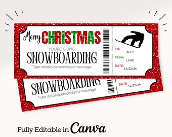 Vale de regalo de snowboard de Navidad / Billete de regalo de snowboard / Vale de regalo de viaje de snowboard / Billete de snowboard sorpresa / Revelación navideña /