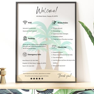 Modello di cartello di benvenuto Airbnb per casa al mare di 1 pagina / Cartello di benvenuto tropicale / Cartello delle regole della casa della Florida / Guida di benvenuto Airbnb / Cartello Airbnb Wifi