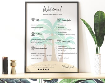1 Page Beach House Welcome Airbnb Sign Template | Tropical Welcome Sign | Florida House Rules Sign | Welcome Guide Airbnb | Airbnb Wifi Sign
