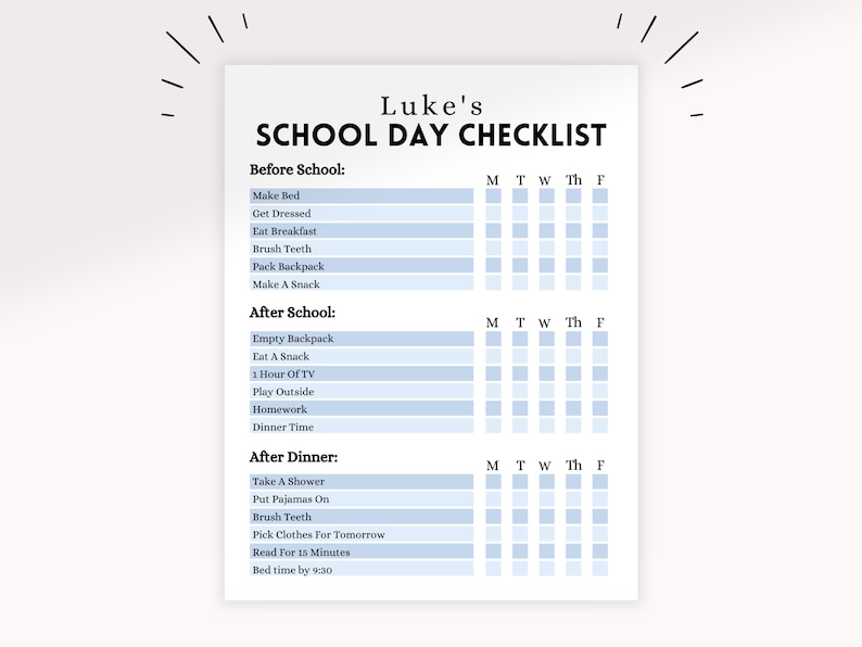 K&ouml;nnte beinhalten: Eine druckbare Schultag-Checkliste f&uuml;r ein Kind namens Luke. Die Checkliste enth&auml;lt Aufgaben, die vor der Schule, nach der Schule und nach dem Abendessen zu erledigen sind. Die Wochentage sind oben auf der Checkliste aufgelistet.