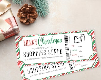 May include: Two red, white, and green striped gift certificates with the text "Merry Christmas" and "Shopping Spree". The certificates have a barcode and space to write "To:", "From:", and "Date:".