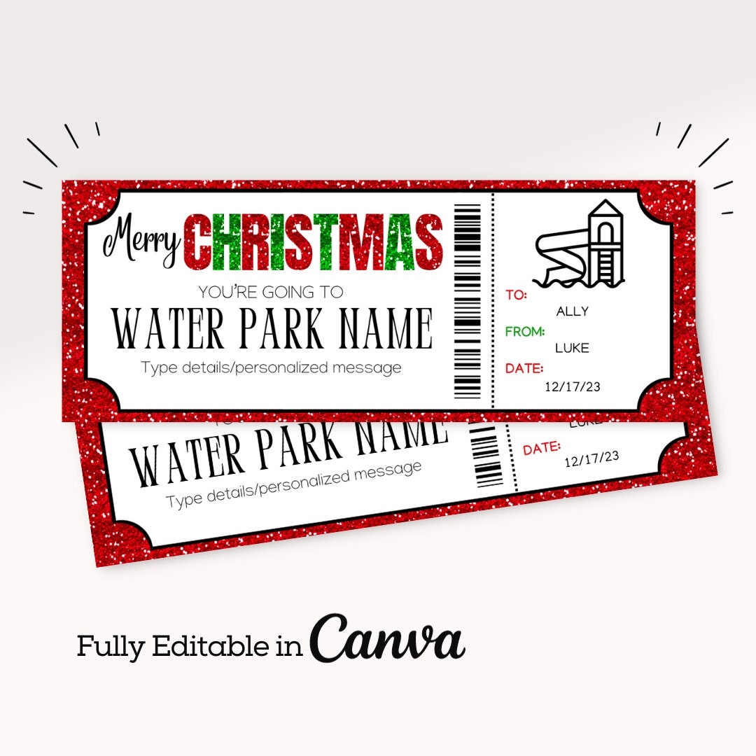 Water Park Ticket Template | Christmas Water Park Surprise Gift Voucher | Printable Water Park ...