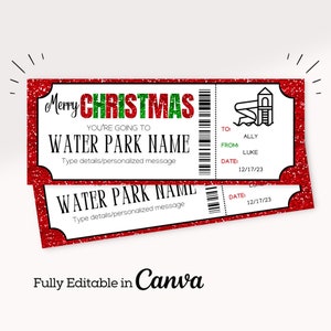 Wasserpark Ticket Vorlage | Weihnachts-Wasserpark-Überraschungs-Geschenkgutschein | Druckbare Wasserpark Reise Vorlage Geschenkkarte | Resort Trip Ticket