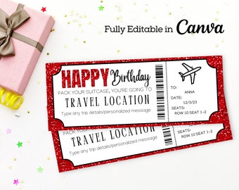 May include: Red glitter printable birthday ticket with the text "HAPPY Birthday" and "PACK YOUR SUITCASE, YOU'RE GOING TO TRAVEL LOCATION". The ticket has a plane icon, a barcode, and the text "TO: ANNA, DATE: 12/3/23, SEATS: ROW 10 SEAT 1-2".