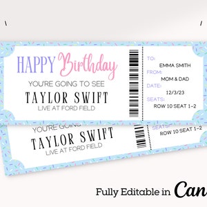 Peut inclure: Un billet d'événement imprimable avec un fond bleu et des confettis multicolores. Le texte indique "HAPPY Birthday" et "YOU'RE GOING TO SEE TAYLOR SWIFT LIVE AT FORD FIELD". Le billet d'événement comprend également des informations sur l'événement, telles que la date, les sièges et le nom du destinataire.