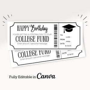 Puede incluir: Diseño de boleto imprimible en blanco y negro con el texto "HAPPY Birthday YOU'RE GETTING A CONTRIBUTION TO YOUR COLLEGE FUND Enter amount/personal message" y un icono de gorro de graduación. El boleto también incluye campos para "TO:", "FROM:" y "DATE:".