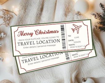 Christmas Travel Ticket | Vacation Reveal Ticket | Trip Surprise Gift | Editable Travel Coupon | Printable Holiday Gift Experience